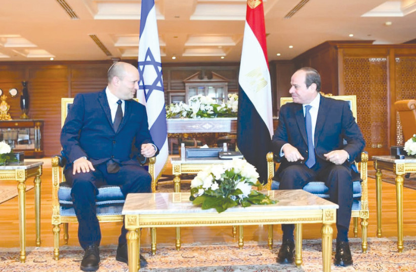  PRIME MINISTER Naftali Bennett meets with Egyptian President Abdel Fattah al-Sisi in Sharm el-Sheikh in September.  (photo credit: Egyptian Presidency/Reuters)