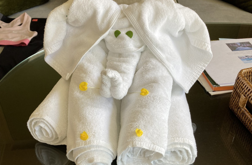  THE TOWEL elephant, an adorable species native to the Banyan Tree hotel. (credit: ERICA SCHACHNE)