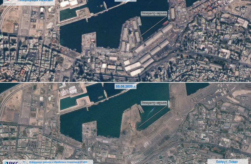 A combination of satellite images shows the area, which was heavily damaged by a massive explosion and a blast wave, on August 5, 2020 and the same area on November 4, 2019 in Beirut, Lebanon. (credit: RUSSIAN SPACE AGENCY ROSCOSMOS/HANDOUT VIA REUTERS)