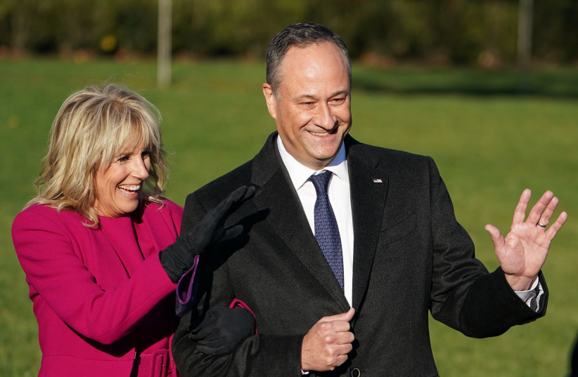  Doug Emhoff and Jill Biden arrive before President Joe Biden takes part in signing the infrastructure bill at the White House, Nov. 15, 2021.  (credit: MANDEL NGAN/AFP via GETTY IMAGES)