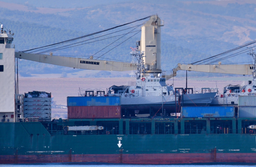  US flagged general cargo ship Ocean Grand, carrying US Coast Guard cutters, sails in the Dardanelles, on its way to the Black Sea, in Canakkale, Turkey November 20, 2021.  (credit: REUTERS/YORUK ISIK)