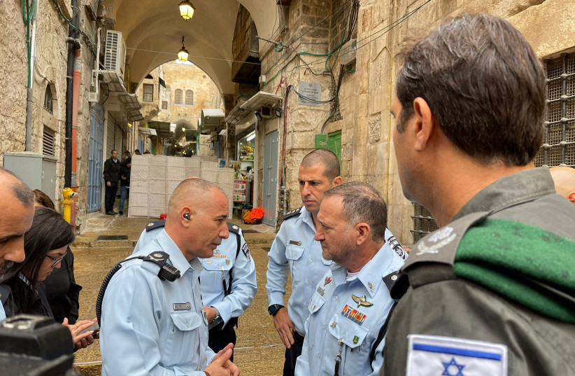 Police chief Insp.-Gen. Kobi Shabtai and OC Jerusalem District Asst.-Ch. Doron Turjeman at the site of a shooting attack in the Old City of Jerusalem on November 21, 2021. (photo credit: POLICE SPOKESPERSON'S UNIT)