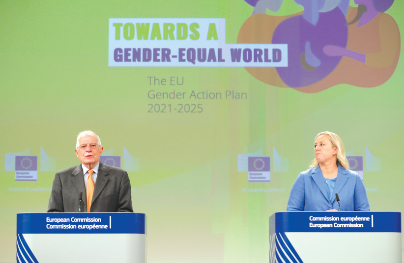  THE WRITERS hold a news conference on the EU Action Plan on Gender Equality and Women Empowerment, at the European Commission in Brussels last year on November 25. (photo credit: STEPHANIE LECOCQ/REUTERS)