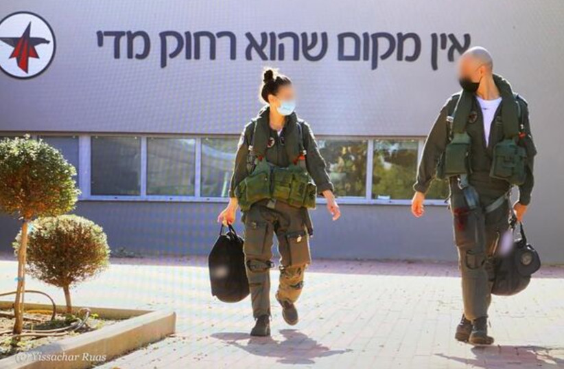  Major Y' prepares to take off with a pilot from her squadron, the 106th Squadron. (photo credit: IDF SPOKESPERSON'S UNIT)
