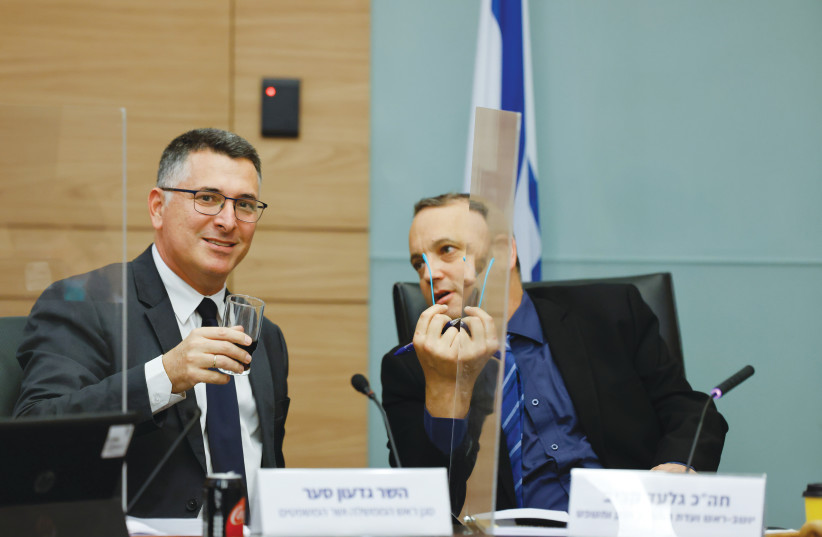  MK GILAD KARIV (right), chairman of the Constitution, Law and Justice Committee, confers with Justice Minister Gideon Sa’ar during a committee meeting earlier this month. (photo credit: OLIVIER FITOUSSI/FLASH90)