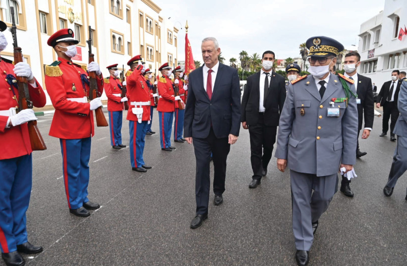 Defense Minister Benny Gantz reviews an honor guard in Rabat during his visit to Morocco last week. (credit: DEFENSE MINISTRY)