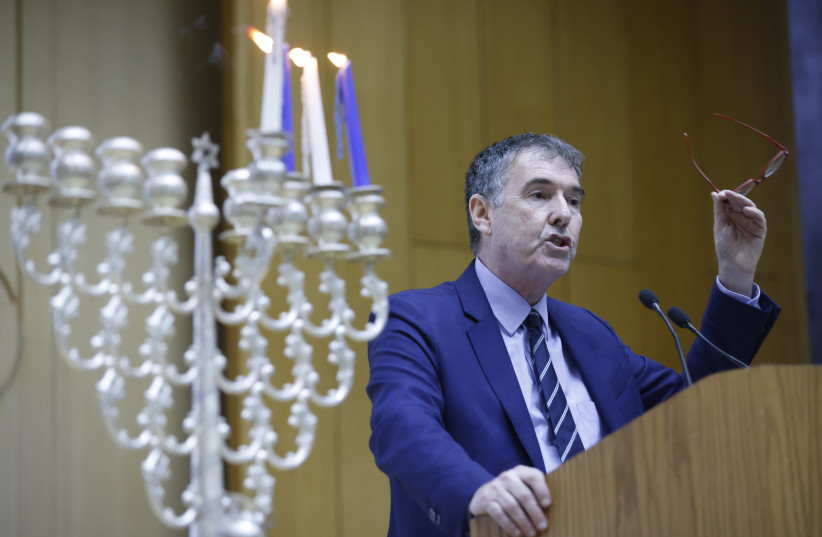  MK Prof. Yossi Shain is seen speaking at the Knesset on Israeli cultural outreach, on November 30, 2021. (photo credit: OLIVIER FITOUSSI)