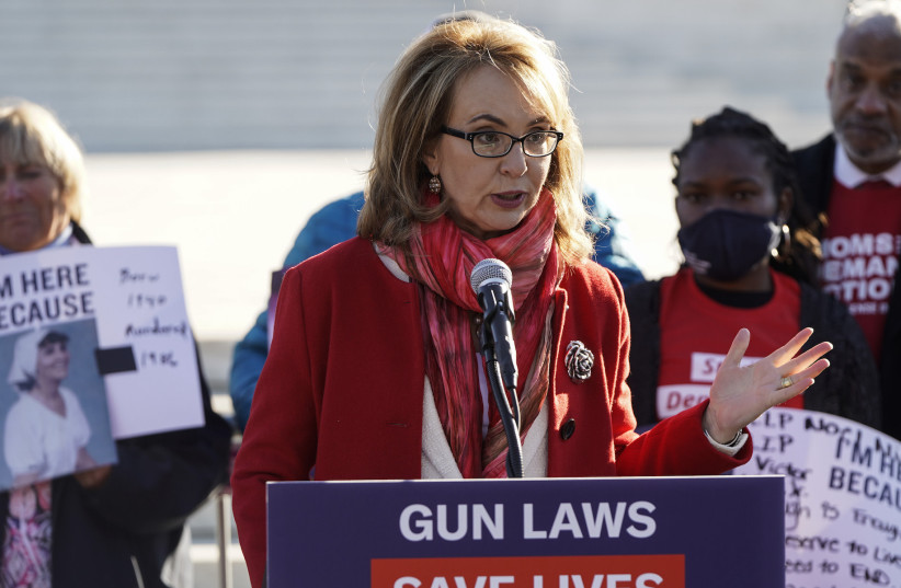  Gabrielle Giffords speaks during a demonstration with victims of gun violence in front of the Supreme Court, Nov. 3, 2021. (photo credit: JOSHUA ROBERTS/REUTERS)