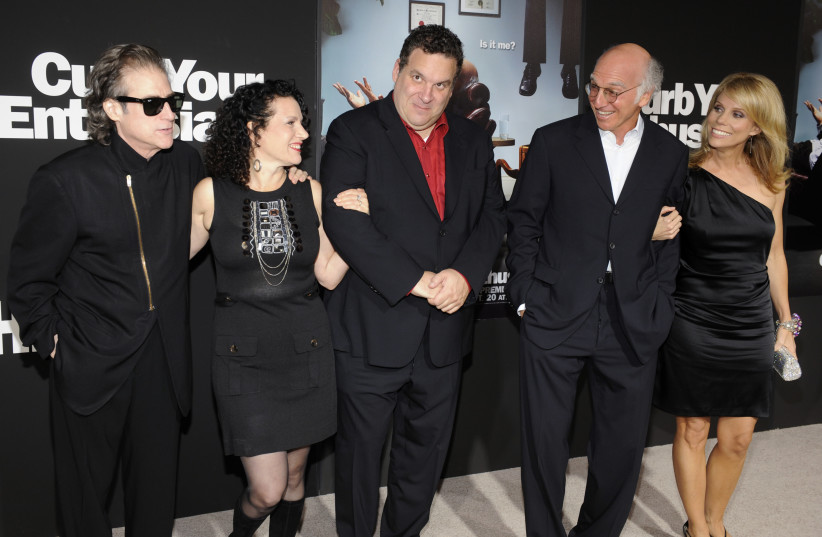 Cast members Richard Lewis, Susie Essman, Jeff Garlin, Larry David and Cheryl Hines (L-R) attend the premiere of the seventh season of the HBO series "Curb Your Enthusiasm" in Los Angeles September 15, 2009. (photo credit: REUTERS/PHIL MCCARTEN)