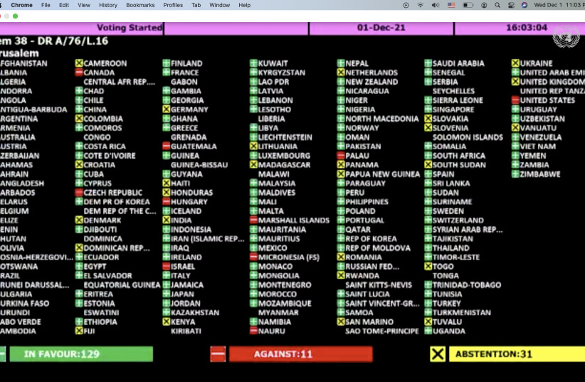 United Nations General Assembly voting list disavowing Jewish ties to the Temple Mount (credit: SCREENSHOT UN WEB TV)