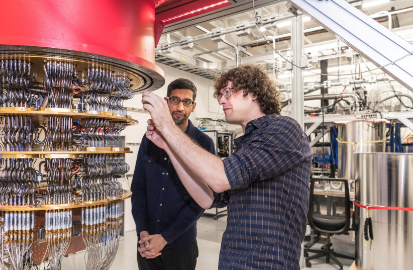  A handout picture from October 2019 shows Sundar Pichai and Daniel Sank (R) with one of Google's Quantum Computers in the Santa Barbara lab, California, US (credit: GOOGLE/HANDOUT VIA REUTERS)