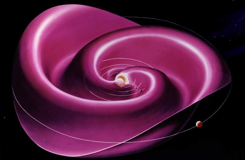  Artist's depiction of the heliospheric current sheet results from the influence of the Sun's rotating magnetic field on the plasma in the interplanetary medium (solar wind). (credit: Wikimedia Commons)
