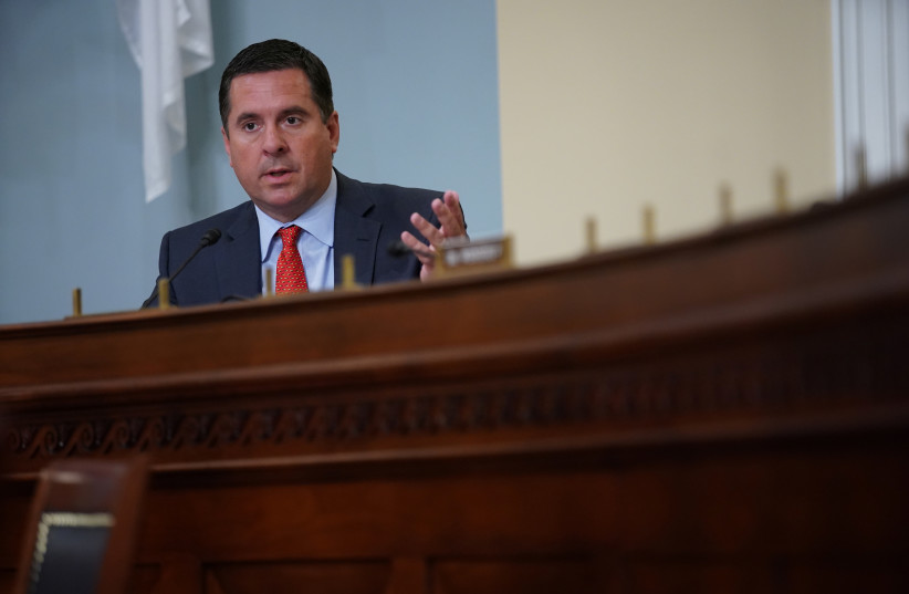 Representative Devin Nunes (R-California) gestures as he speaks during a House Intelligence Committee hearing on worldwide threats in Washington, DC, US, April 15, 2021. (credit: Al Drago/Pool via REUTERS)