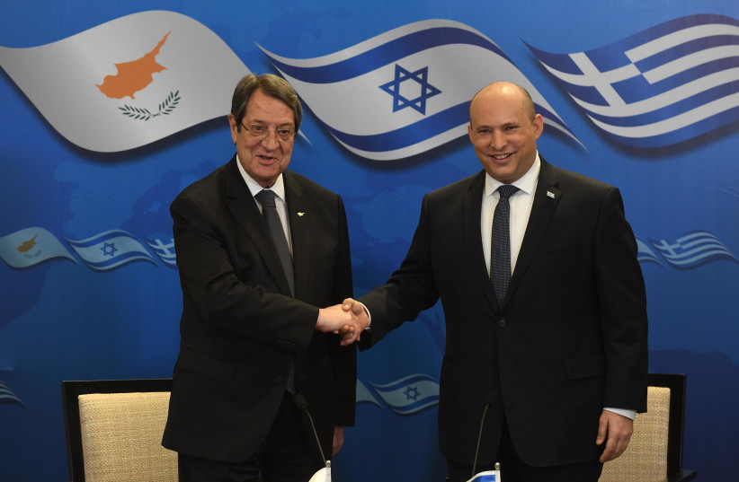  Prime Minister Naftali Bennett met with Cyprus's president Nicos Anastasiades on December 7, 2021. (photo credit: GPO)