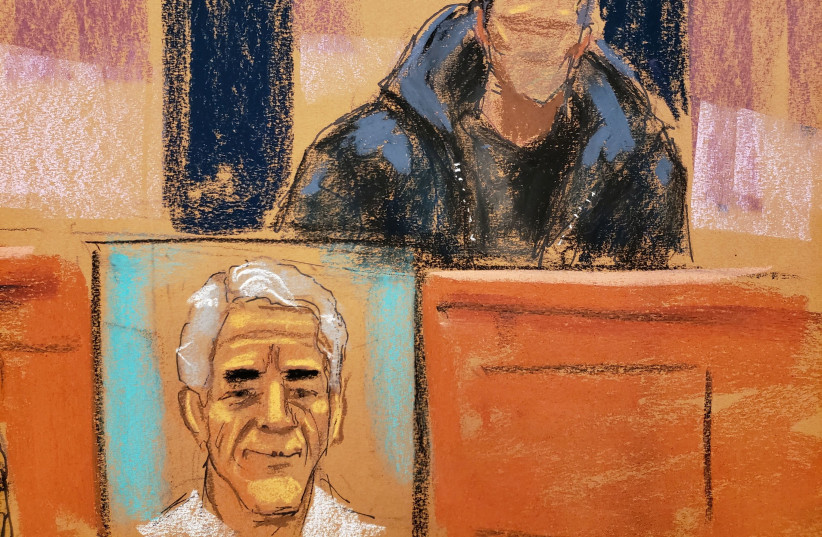 Witness "Shawn" testifies as an image of Jeffrey Epstein is displayed during the trial of Ghislaine Maxwell, the Jeffrey Epstein associate accused of sex trafficking, in a courtroom sketch in New York City, US, December 8, 2021. (photo credit: REUTERS/JANE ROSENBERG)