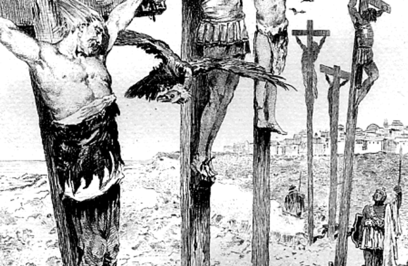 Nineteenth-century French illustrator Victor Armand Poirson envisages the crucifixion of Spendius and his lieutenants in front of Tunis. (photo credit: VICTOR ARMAND POIRSON/PUBLIC DOMAIN/VIA WIKIMEDIA COMMONS)