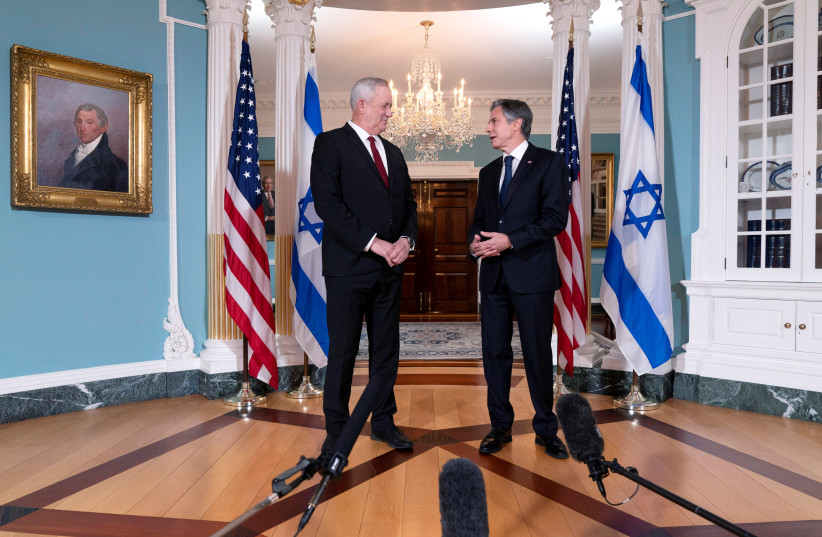 US Secretary of State Antony Blinken meets with Israel's Defense Minister Benny Gantz, at the State Department in Washington, US, June 3, 2021. (photo credit: JACQUELYN MARTIN / POOL / REUTERS)
