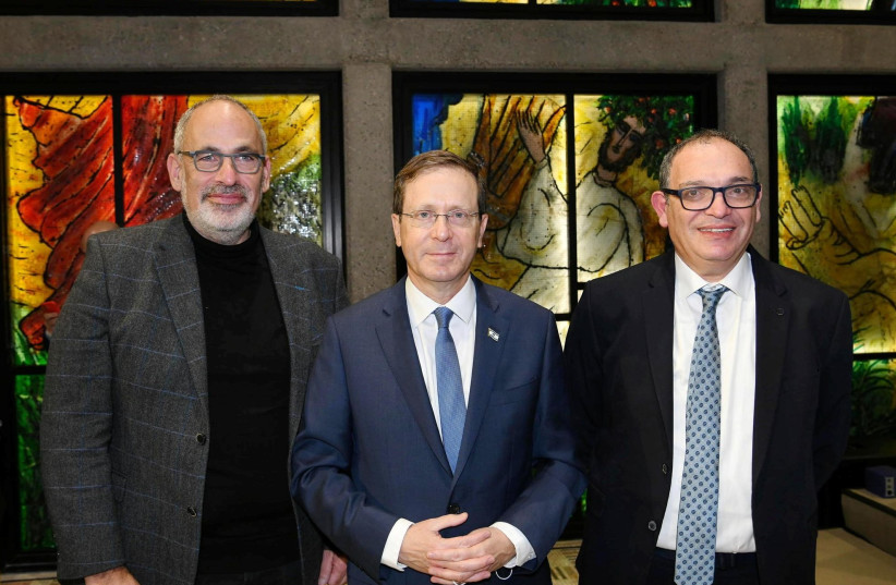  FROM LEFT, Pnima Chairman Shlomo Dovrat, President Isaac Herzog and Rabbi Shai Piron. (photo credit: AMOS BEN-GERSHOM/GPO)