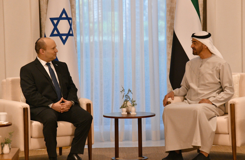 Naftali Bennett with the UAE’s leader Crown Prince of Abu Dhabi Sheikh Mohammed bin Zayed Al Nahyan. (credit: HAIM ZACH/GPO)