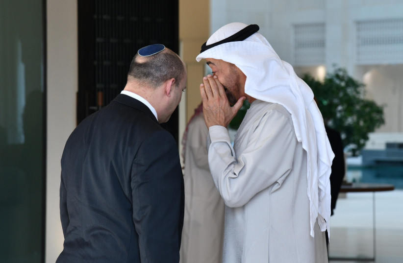  Prime Minister Naftali Bennett and United Arab Emirates’ leader Crown Prince of Abu Dhabi Sheikh Mohammed bin Zayed Al Nahyan, December 13, 2021. (credit: CHAIM TZACH/GPO)