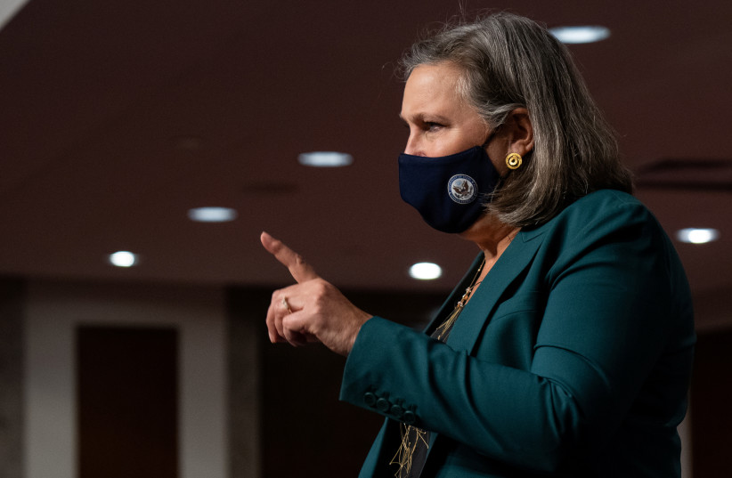  Ambassador Victoria Nuland, US Undersecretary of State for Political Affairs, points her finger while joking with a photographer before testifying as a witness during a hearing to examine U.S.-Russia policy at the U.S. Capitol in Washington, D.C., US, December 7, 2021. (credit: SARAHBETH MANEY/POOL VIA REUTERS)