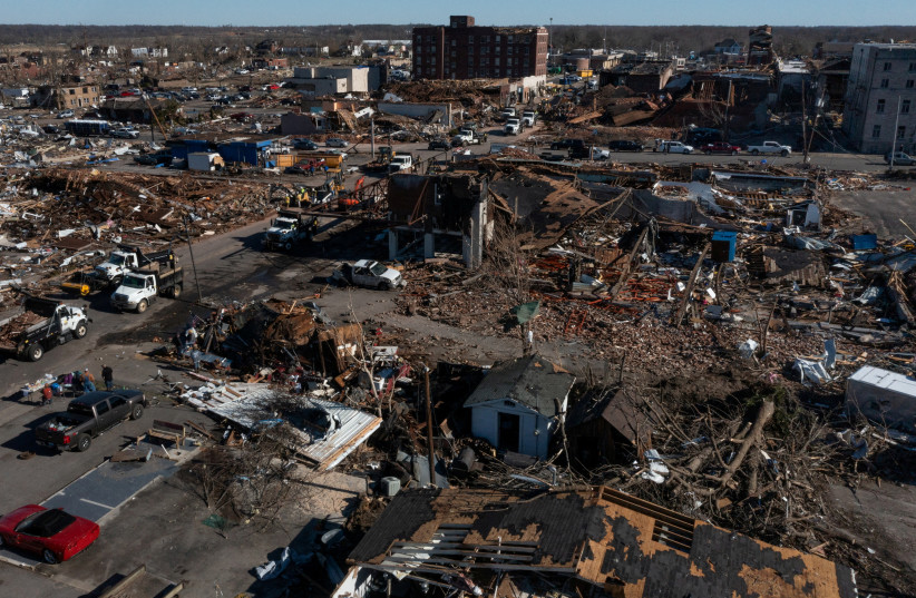 The aftermath of a tornado is seen in downtown Mayfield, Kentucky, US, December 12, 2021. (photo credit: REUTERS/ADREES LATIF)