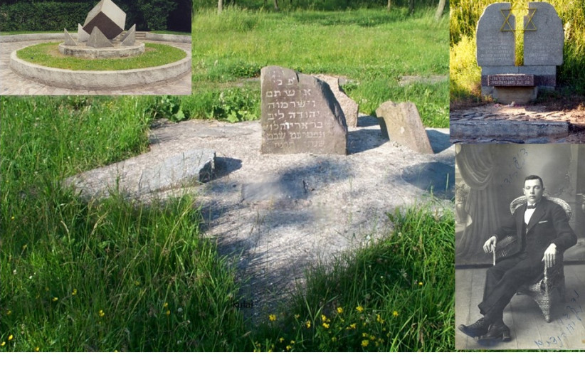  Background depicting the Jewish cemetery in Shkud showing the memorial comprising tombstone fragments set into a cement base. Inset top left: memorial in the town of Shkud in the form of a cube made of red granite. Top right, monument at Kulai. Bottom right: Leib Hochman, who was murdered in either (credit: IRVING M. SPITZ)
