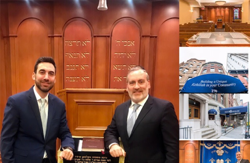  Joseph Scutts (left) and Rabbi Aaron Mehlman. On the right from the top down are the Ohav Shlomo Synagogue’s inner sanctuary, exterior and entrance, and Rabbi Mehlman next to the Ark. (photo credit: Courtesy)