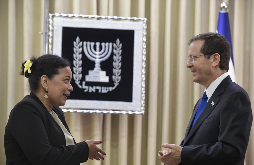  The Nauru Ambassador to Israel presenting her credentials President Herzog. (photo credit: KOBI GIDEON/GPO)