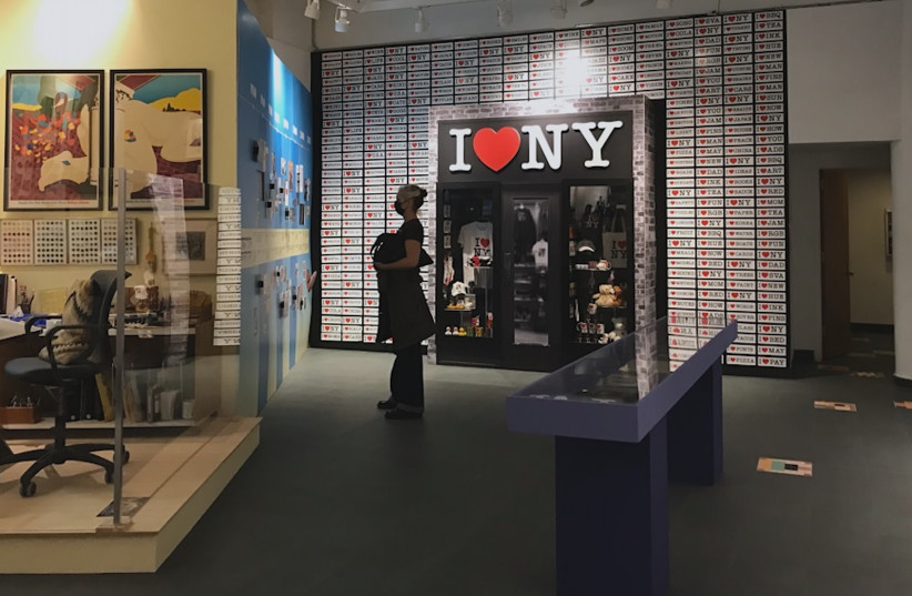  In a tribute to his life and work, the School of Visual Arts’ Gramercy Gallery puts Glaser’s love for New York on display, complete with a wall covered in the iconic logo which he famously designed in the back of a taxi cab in 1976.  (photo credit: JULIA GERGELY/JTA)
