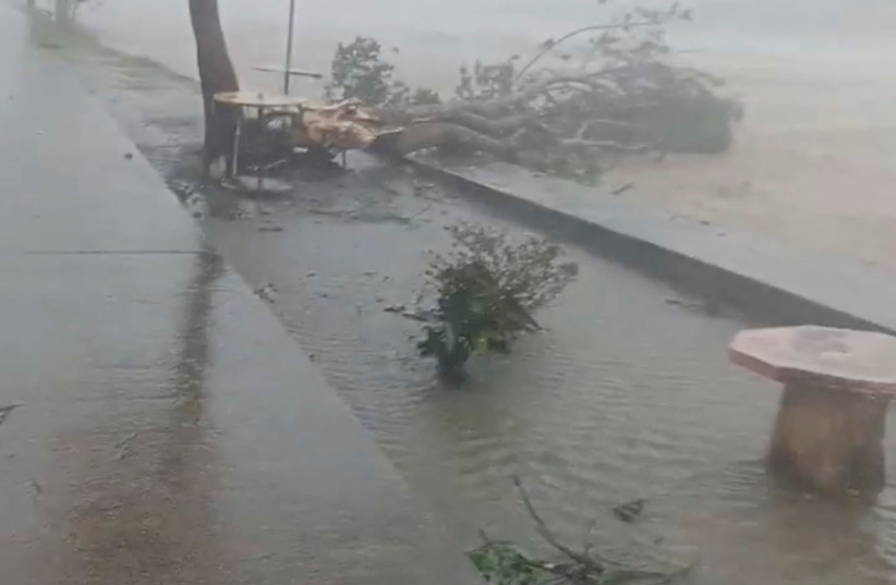  A fallen part of a tree is seen amid strong winds in Cabadbaran City, Agusan del Norte province, Philippines, December 16, 2021 in this still image obtained from a social media video. (credit: Jann Ab's/via REUTERS)