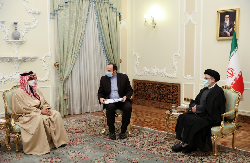  Iran's President Ebrahim Raisi meets with UAE's top national security adviser Sheikh Tahnoon bin Zayed Al Nahyan in Tehran, Iran, December 6, 2021.  (photo credit:  MAJID ASGARIPOUR/WANA (WEST ASIA NEWS AGENCY) VIA REUTERS)