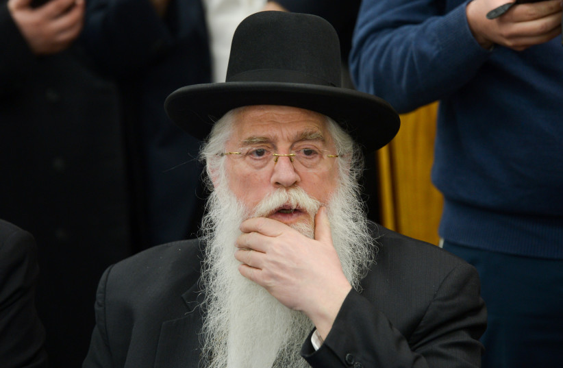 United Torah Judaism parliament member Meir Porush attends a press conference of Leader of the ''Yachad'' political party Eli Yishai, in Bnei Brak, March 27, 2019 (credit: YEHUDA HAIM/FLASH90)