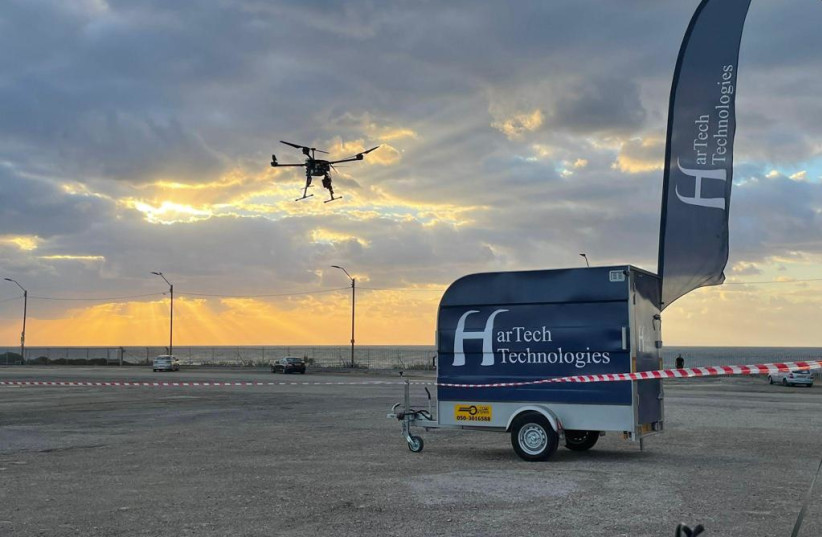  A drone is seen flying in Tel Aviv. (credit: Chen BarAm/HarTech)