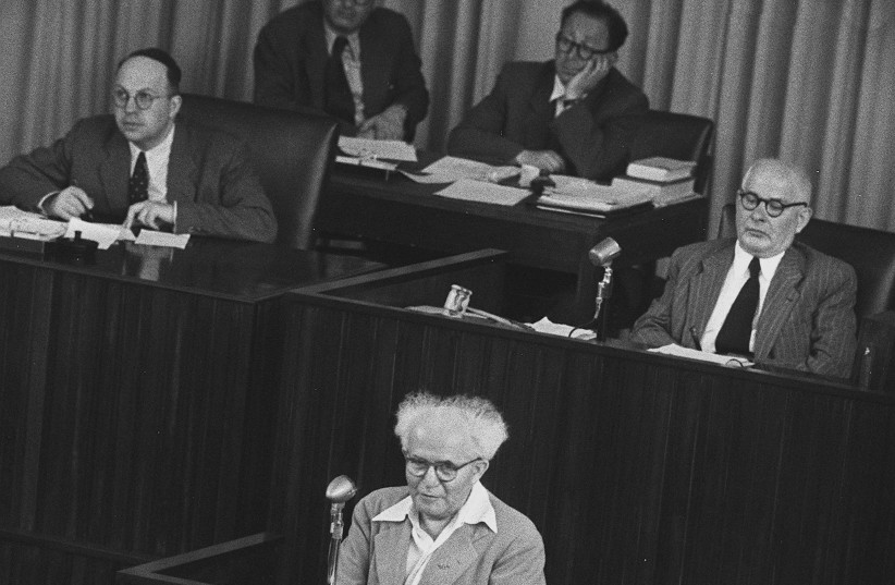  DAVID BEN-GURION (pictured speaking in Knesset, 1949) met with the Chazon Ish in 1952. (credit: Wikimedia Commons)