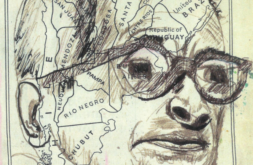  A SKETCH of Adolf Eichmann superimposed over a map of part of South America.  (photo credit:  THE HUNTINGTON/FLICKR)