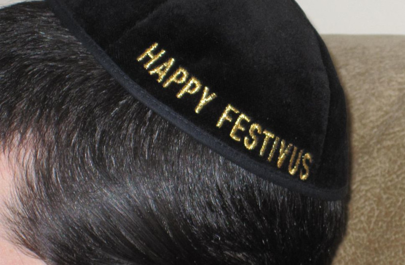  A kippa reads "Happy Festivus" in honor of the holiday "for the rest of us" popularized by "Seinfeld." (photo credit: Wikimedia Commons)