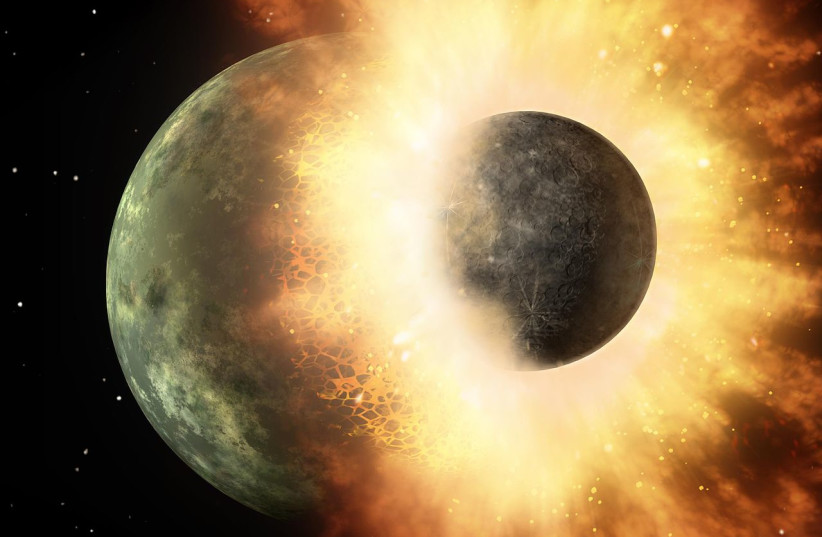  This artist's concept shows a celestial body about the size of our moon slamming at great speed into a body the size of Mercury. (credit: Wikimedia Commons)
