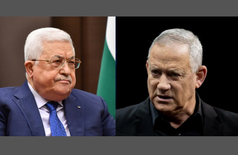  PA President Mahmoud Abbas, Israeli Defense Minister Benny Gantz (photo credit: SPUTNIK/EVGENY BIYATOV/KREMLIN VIA REUTERS, YONATAN SINDEL/FLASH90)