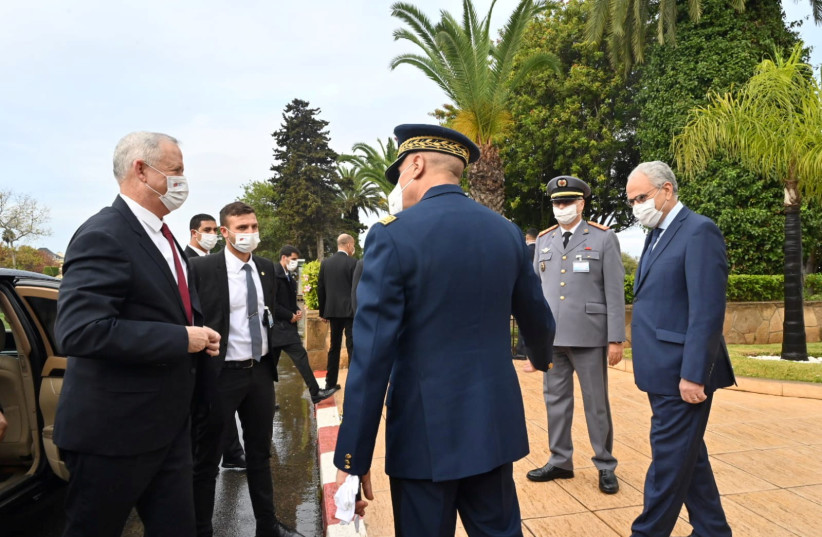  Deepening ties: Defense Minister Benny Gantz meets with Moroccan counterpart Abdellatif Loudiyi, in Rabat (credit: Defense Ministry via Reuters)