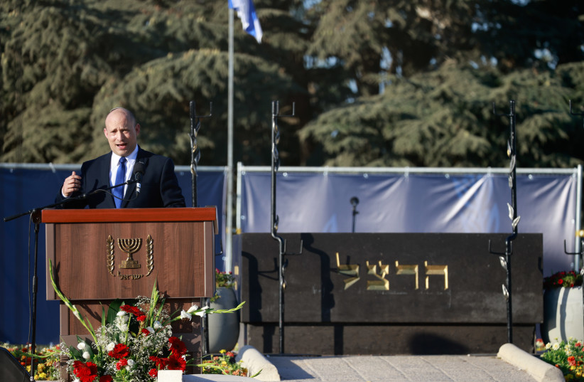  PRIME MINISTER Naftali Bennett addresses a memorial ceremony marking 107 years since the death of Theodor Herzl, held on Mount Herzl in Jerusalem in June. (photo credit: OLIVIER FITOUSSI/FLASH90)