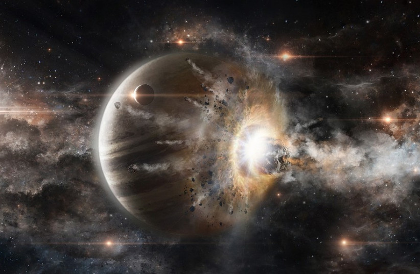  An asteroid is seen colliding with a planet in this artistic depiction. (photo credit: PIXABAY)