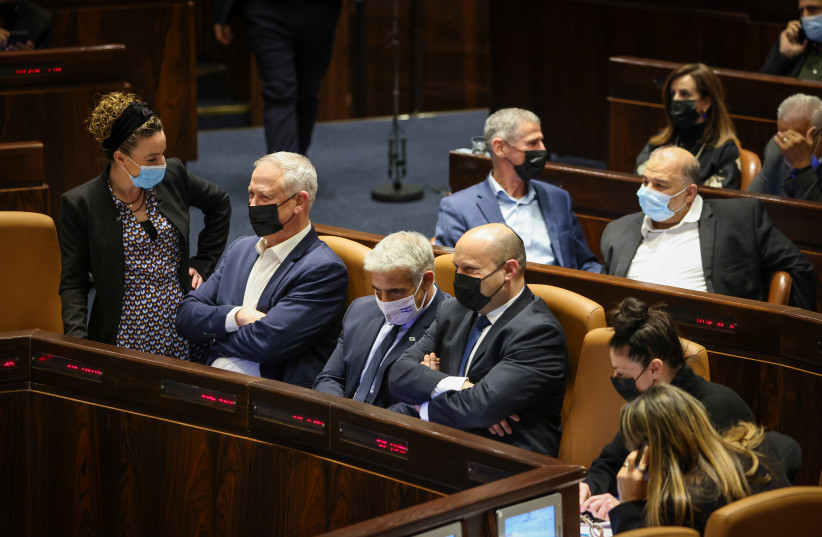 From left to right: MK Idit Silman (Yamina), Defense Minister Benny Gantz, Foreign Minister Yair Lapid and Prime Minister Naftali Bennett (photo credit: KNESSET SPOKESWOMAN - NOAM MOSKOWITZ)