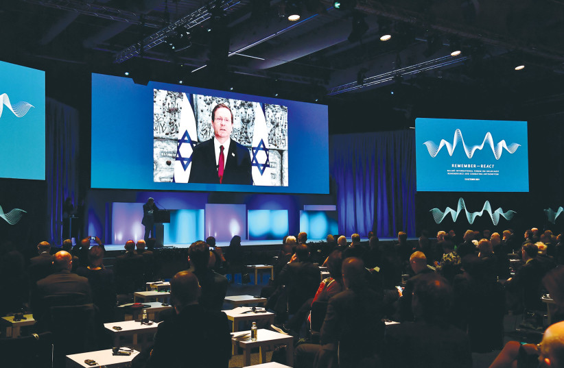  PRESIDENT ISAAC HERZOG delivers an address by video in October to the Malmo International Forum on Holocaust Remembrance and Combating Antisemitism. (photo credit: TT News Agency/Reuters)
