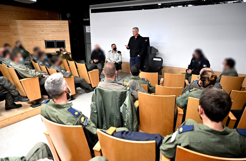  Defense Minister Benny Gantz speaks to soldiers and officers of the 193rd Squadron (photo credit: ARIEL HERMONI/DEFENSE MINISTRY)