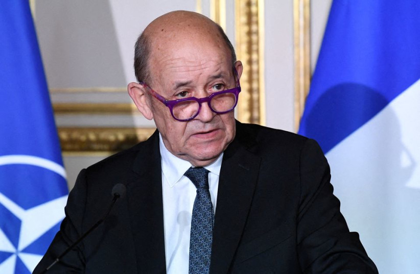  French Foreign Affairs Minister Jean-Yves Le Drian speaks at a news conference following a meeting with NATO's Secretary General and the French defence minster in Paris, France. (photo credit: Bertrand Guay/Pool via REUTERS/File Photo)