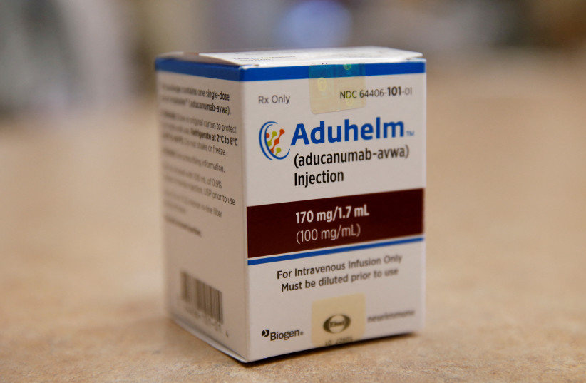 Aduhelm, Biogen's controversial recently approved drug for early Alzheimer's disease, is seen at Butler Hospital, one of the clinical research sites in Providence, Rhode Island, US, June 16, 2021. (photo credit: JESSICA RINALDI/POOL VIA REUTERS)