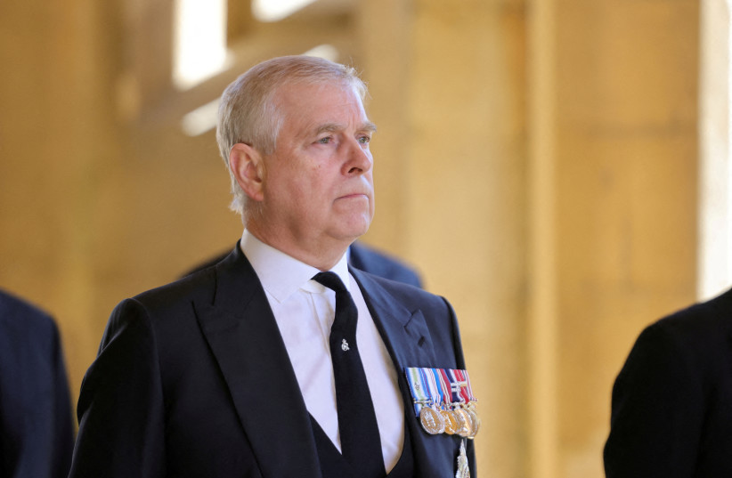 Britain's Prince Andrew, Duke of York, looks on during the funeral of Britain's Prince Philip, husband of Queen Elizabeth, who died at the age of 99, in Windsor, Britain, April 17, 2021. (credit: CHRIS JACKSON/POOL VIA REUTERS/FILE PHOTO)
