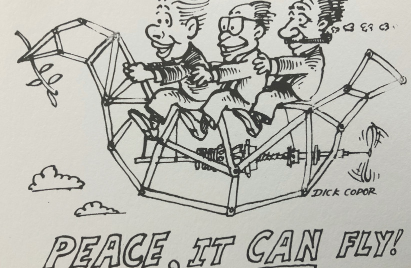 The original Bird of Peace illustration with three riders was created in 1978 for Arab TV by a rising cartoonist who is now quite famous, Richard Codor. (photo credit: RICHARD CODOR)