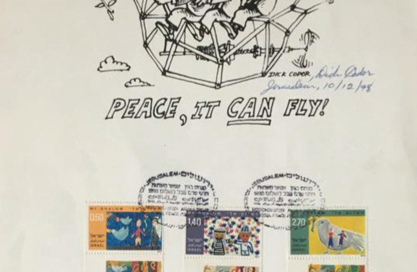 An envelope with the Bird of Peace drawing and the cancellation date on the day of the Nobel Prize ceremony in 1979. (credit: DAVID GEFFEN)